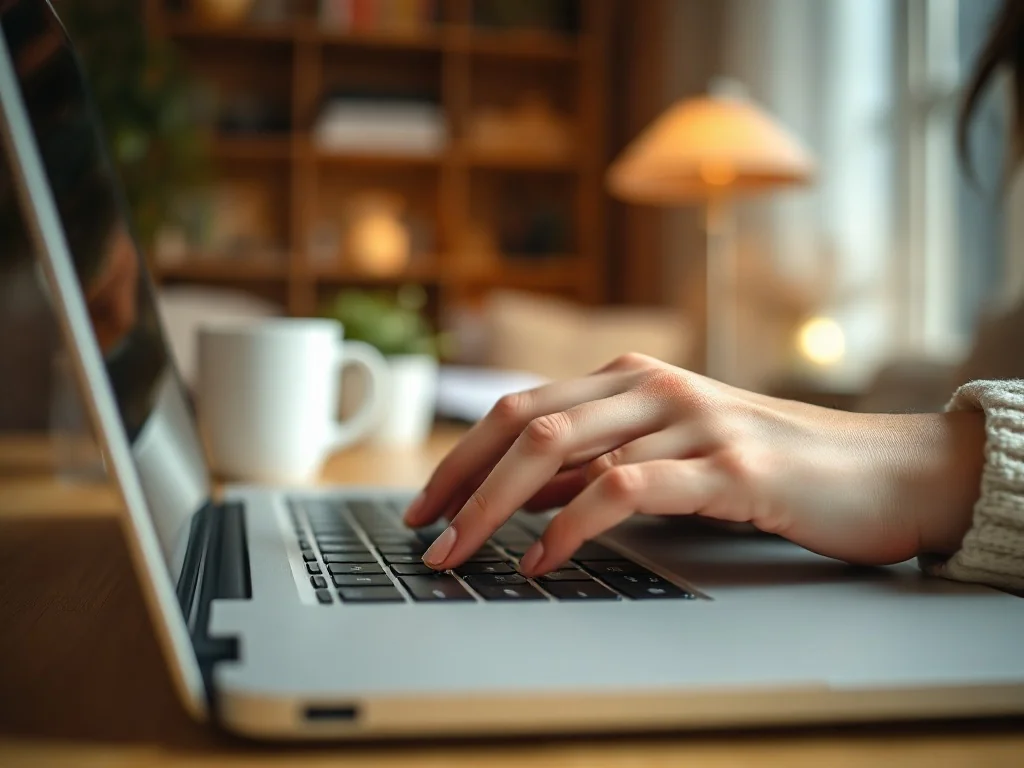 Dłonie kobiety piszące na nowoczesnej klawiaturze laptopa w przytulnym domowym biurze.