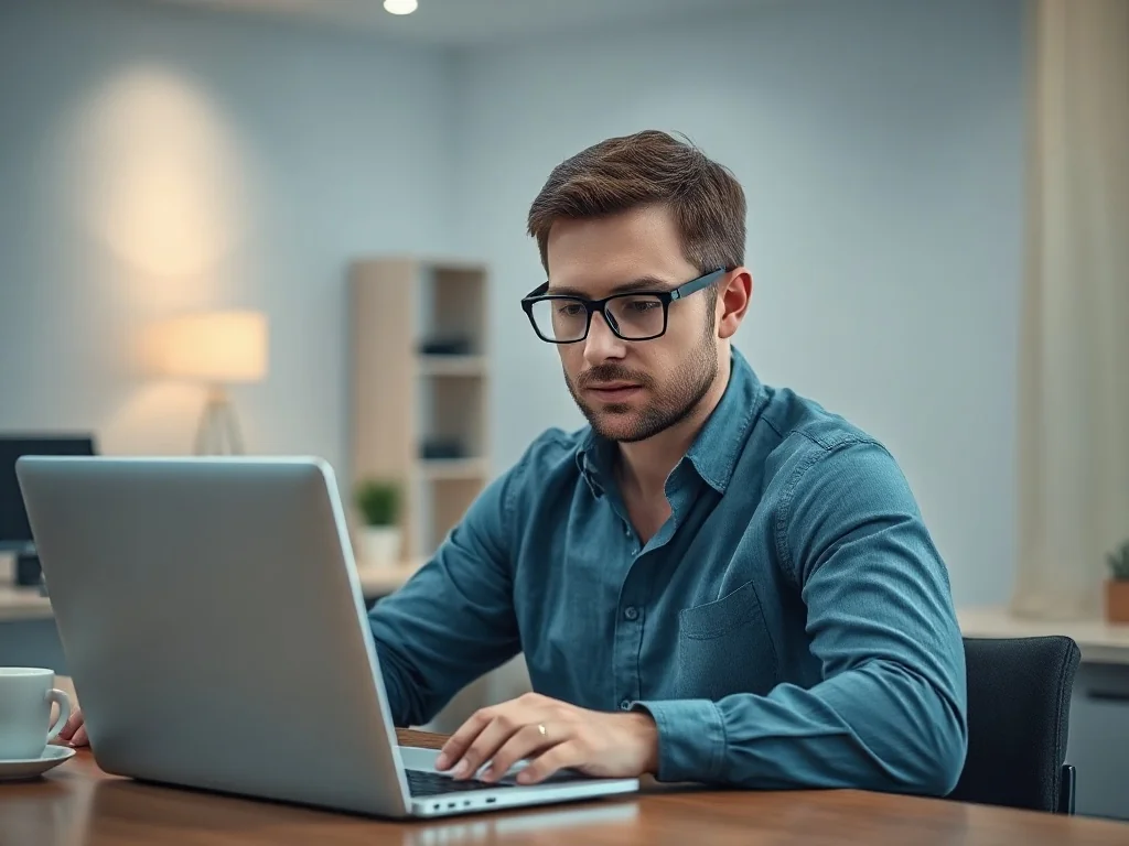 Mężczyzna przy biurku aktualizuje ustawienia na laptopie w ramach pracy w domowym biurze.