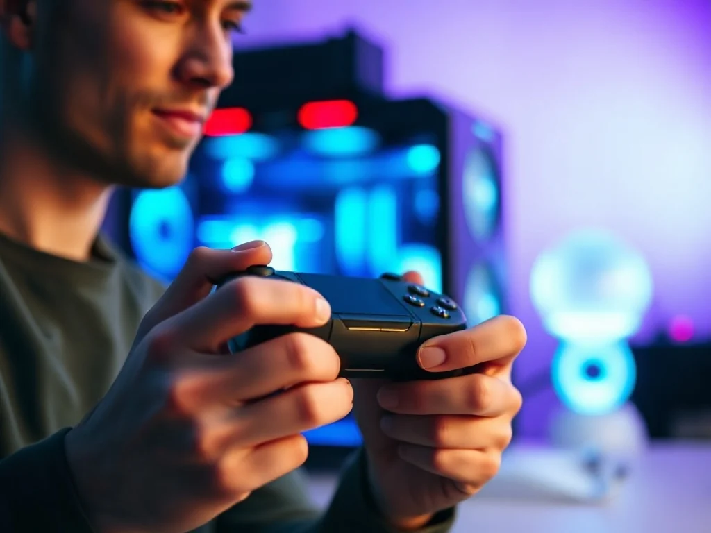 Mężczyzna trzyma bezprzewodowy kontroler Xbox w dłoniach, przygotowując się do gry na komputerze PC.