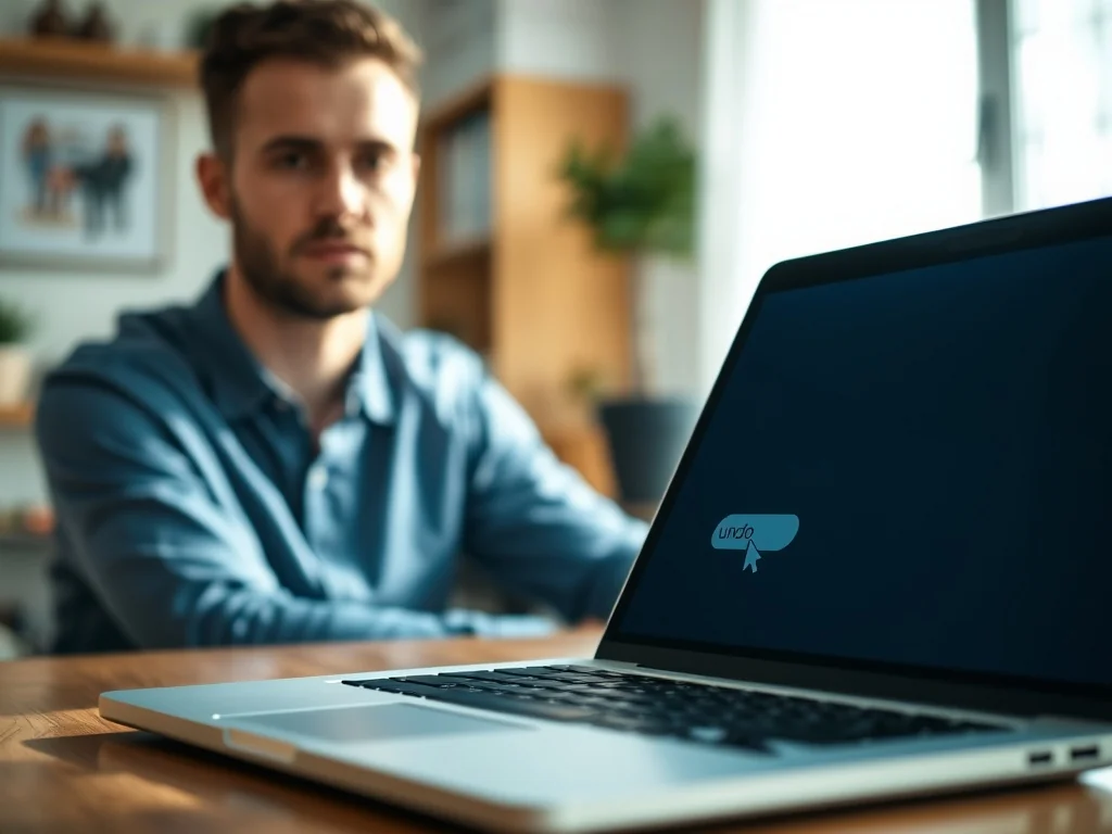 Kursor najeżdżający na przycisk cofnięcia wysyłki wiadomości e-mail na ekranie laptopa w jasnym biurze.