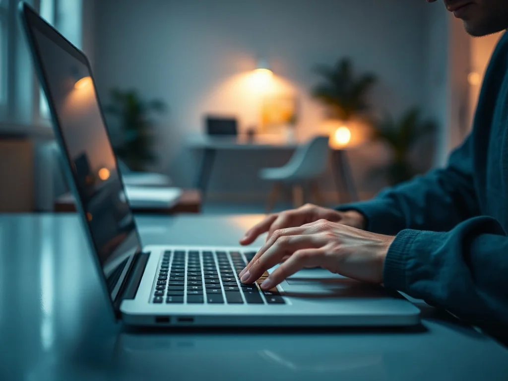 Osoba pisząca na klawiaturze laptopa w nowoczesnym biurze, ilustrująca pracę przy edycji tekstu.