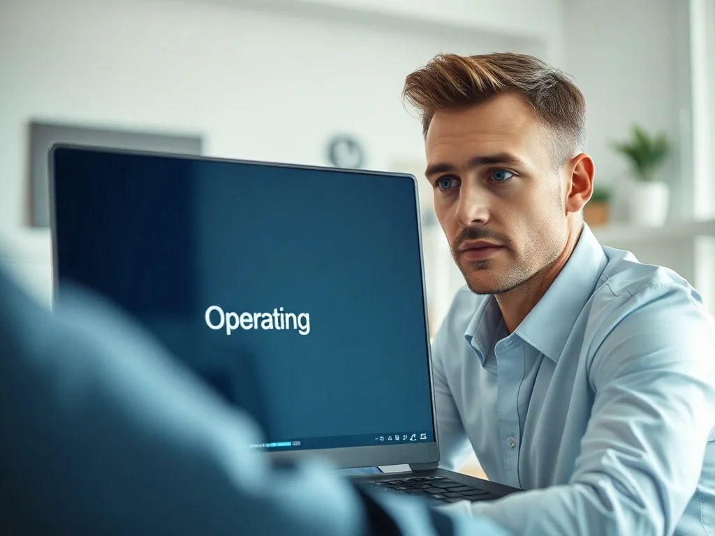 Mężczyzna przy laptopie obserwujący pasek postępu instalacji systemu operacyjnego Windows w nowoczesnym biurze.