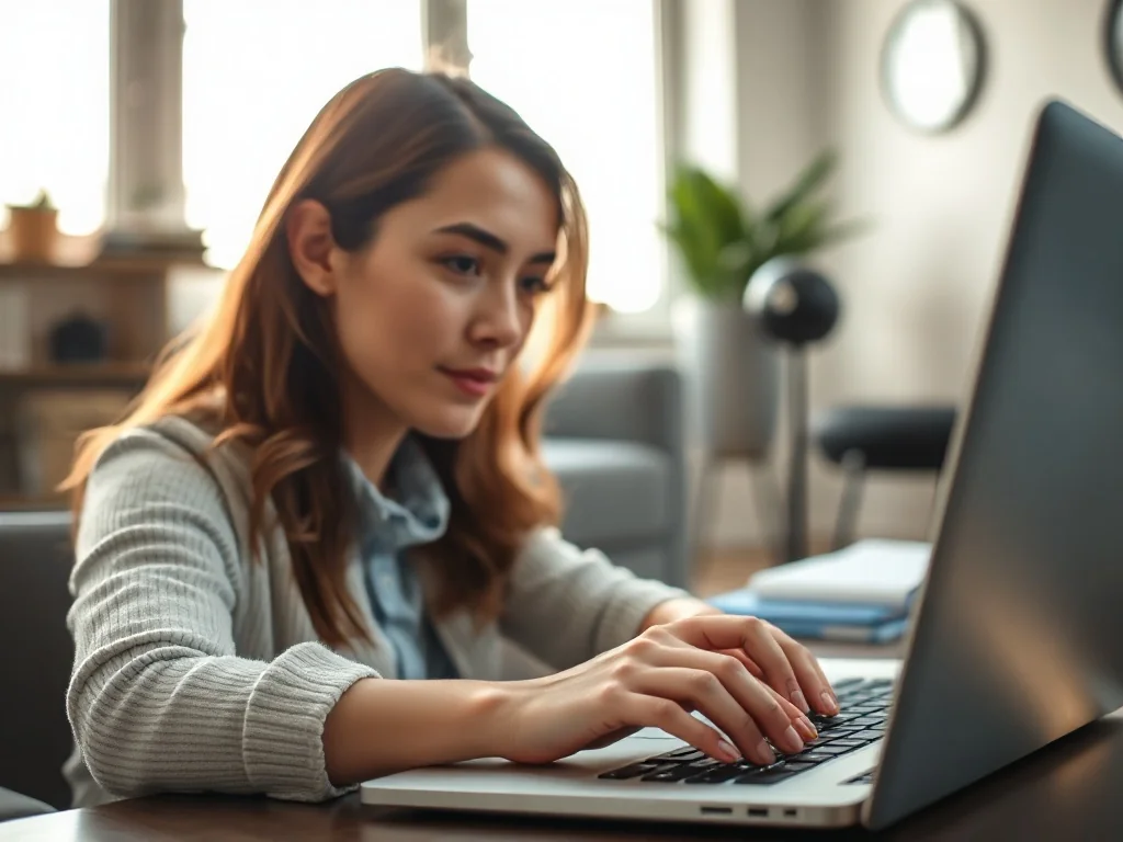 Kobieta pracująca przy laptopie w nowoczesnym biurze domowym, skupiona na edycji tekstu.