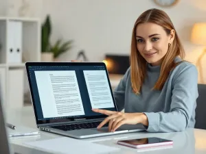 Kobieta pracująca przy laptopie w jasnym biurze domowym, skupiona na edycji dokumentu.
