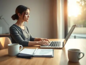 Kobieta uśmiecha się podczas wybierania kolorowych emotikon na ekranie laptopa w jasnym, minimalistycznym biurze.