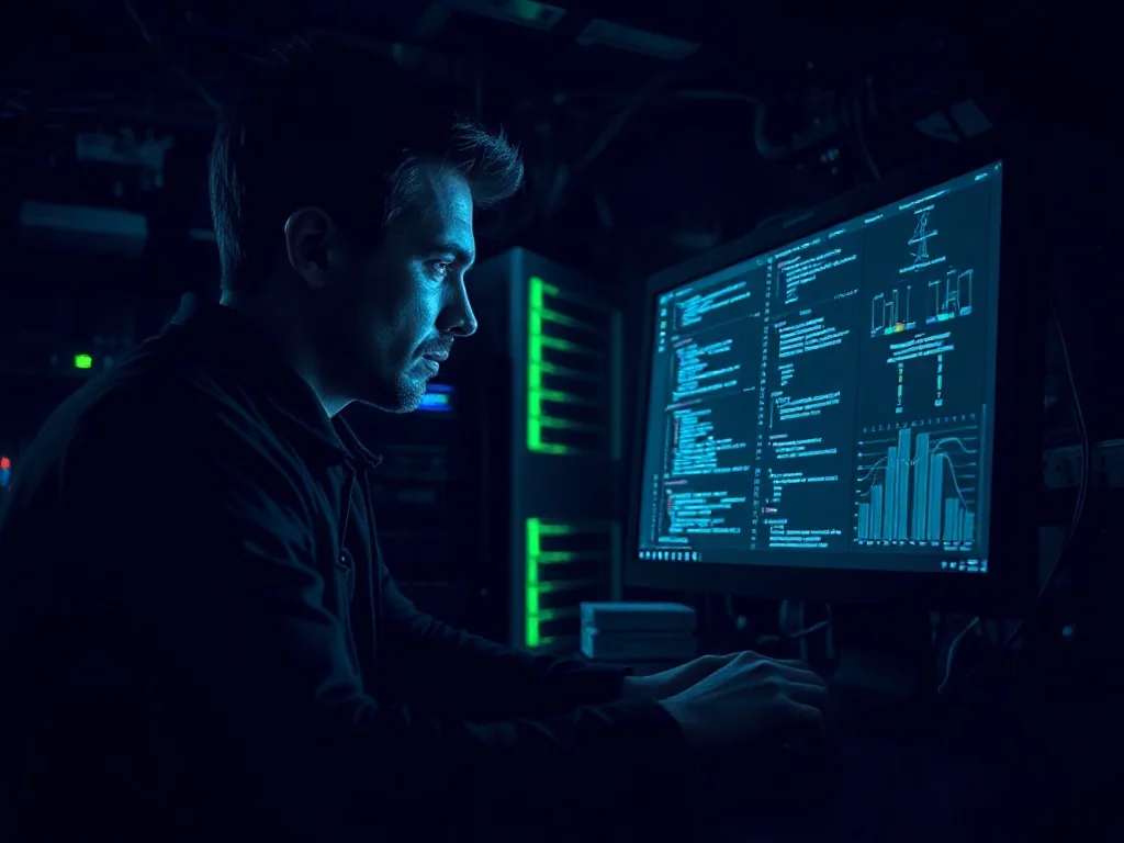 Osoba w ciemnym pokoju skupiona na ekranie z kodem, otoczona serwerami i kablami w klimacie cybernetycznym.