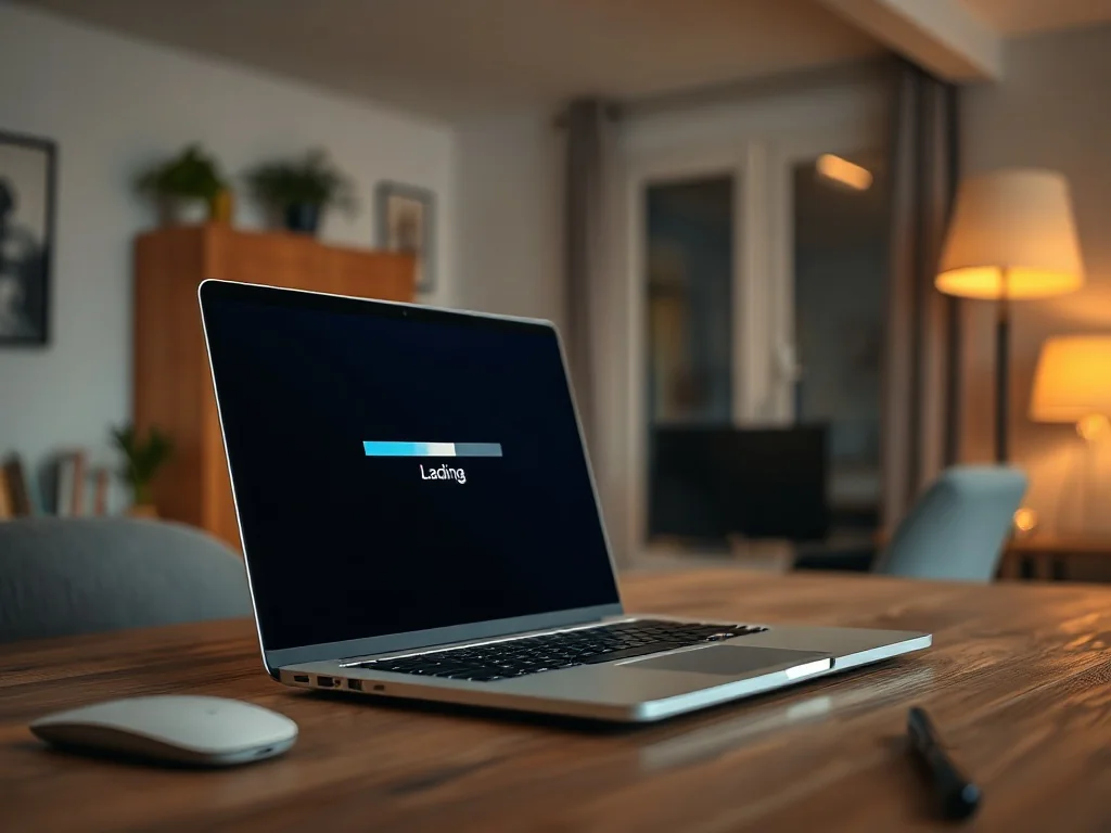 Mężczyzna przy laptopie z paskiem postępu na ekranie, symbolizujący proces aktualizacji systemu Windows do nowszej wersji.
