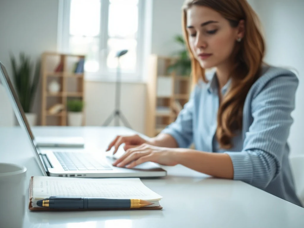 Kobieta pracująca przy laptopie w jasnym biurze, przygotowująca dokumenty tekstowe.