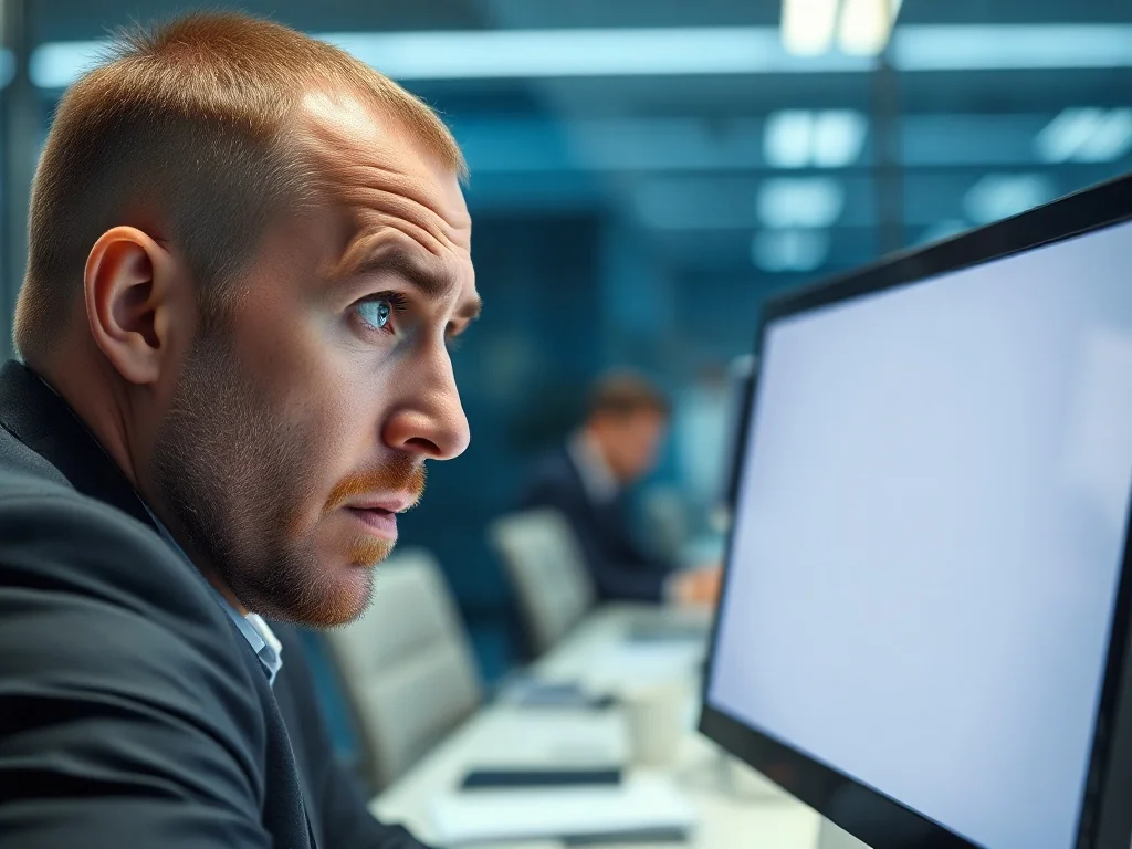 Zestresowany mężczyzna patrzący na pusty ekran komputera w biurze, symbolizujący utratę niezapisanej pracy w programie Excel.