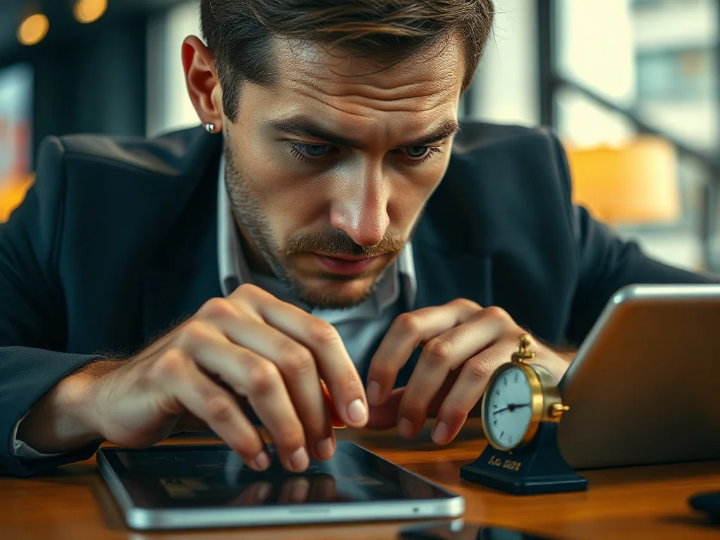 Mężczyzna przy biurku porównuje daty na mechanicznym kalendarzu i tablecie, planując czas w profesjonalnym biurze.