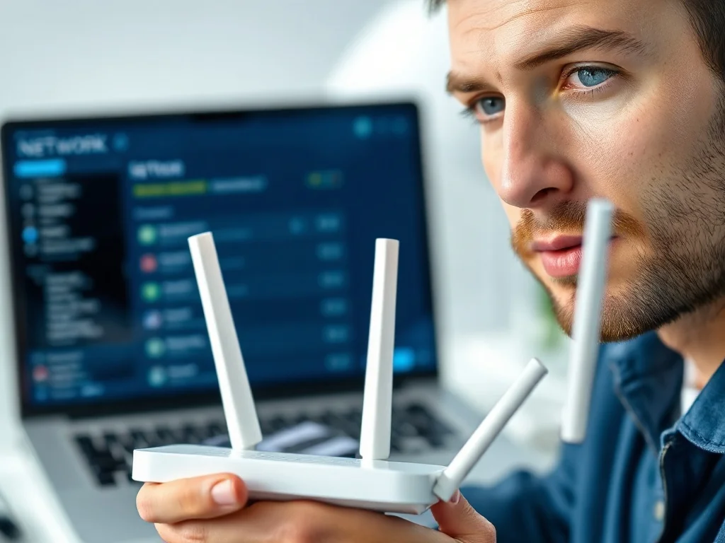 Mężczyzna trzymający nowoczesny router Wi-Fi w minimalistycznym biurze, co ilustruje konfigurację sieci domowej.