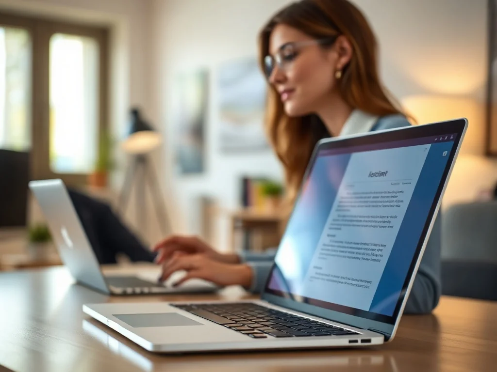 Kobieta pracująca przy laptopie w nowoczesnym biurze, edytująca dokument tekstowy.