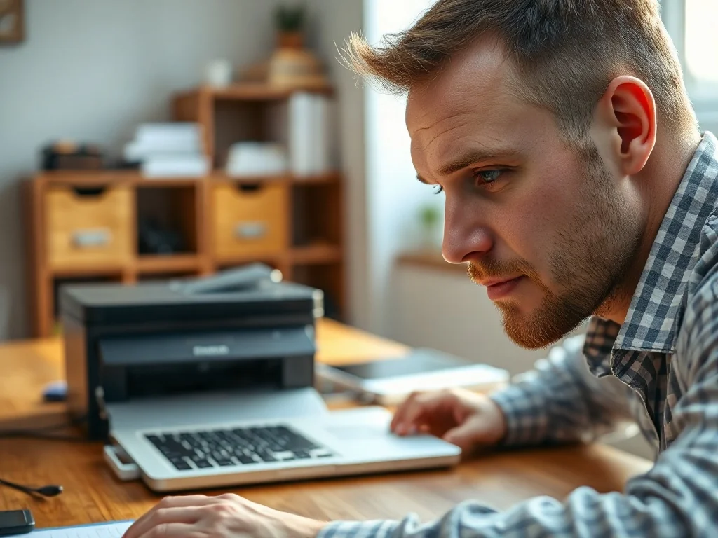 Mężczyzna konfiguruje drukarkę podłączoną do laptopa na biurku w jasnym domowym biurze.